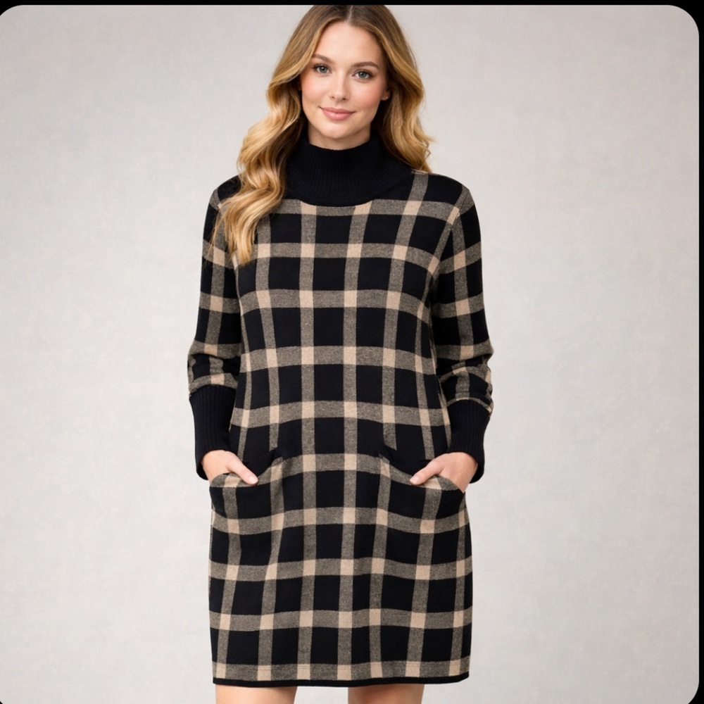 Tribal Long Sleeve Black and Cream Dress with Plaid Design